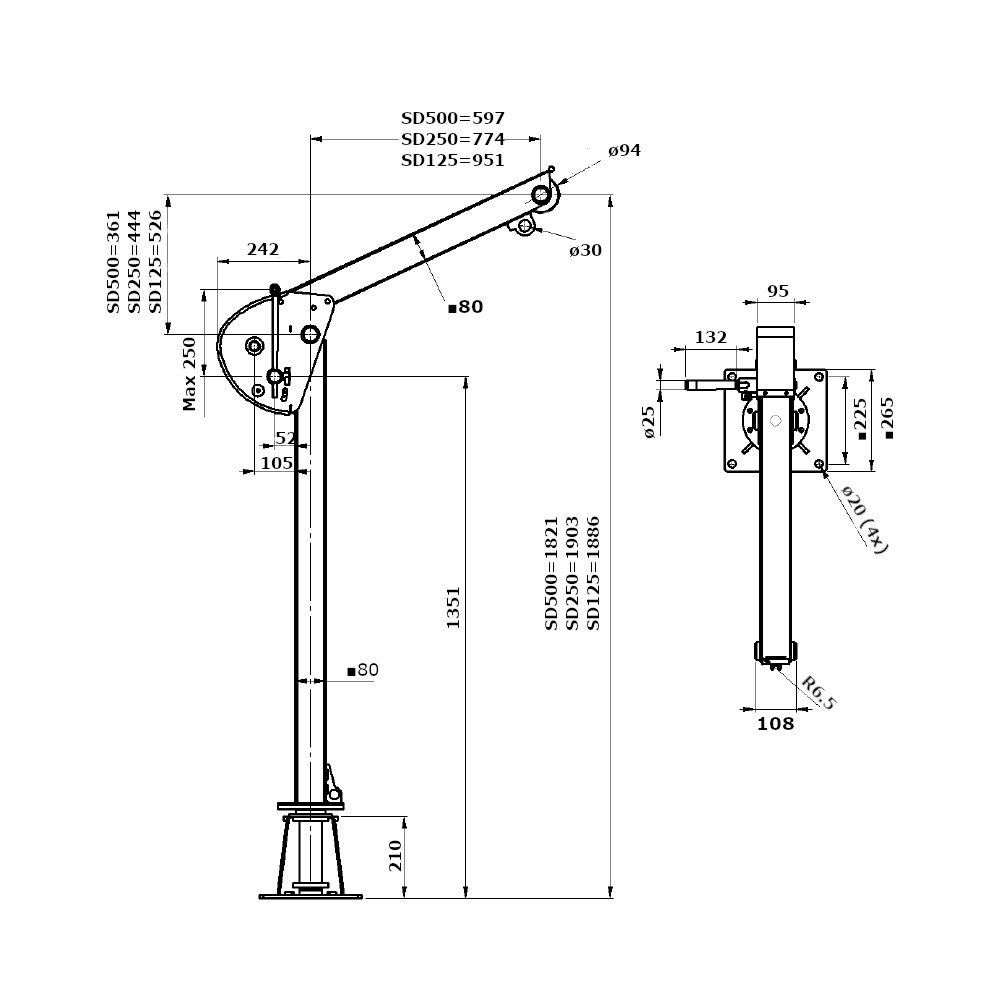 Gebuwin Davit-puominostimet 125 - 500 kg