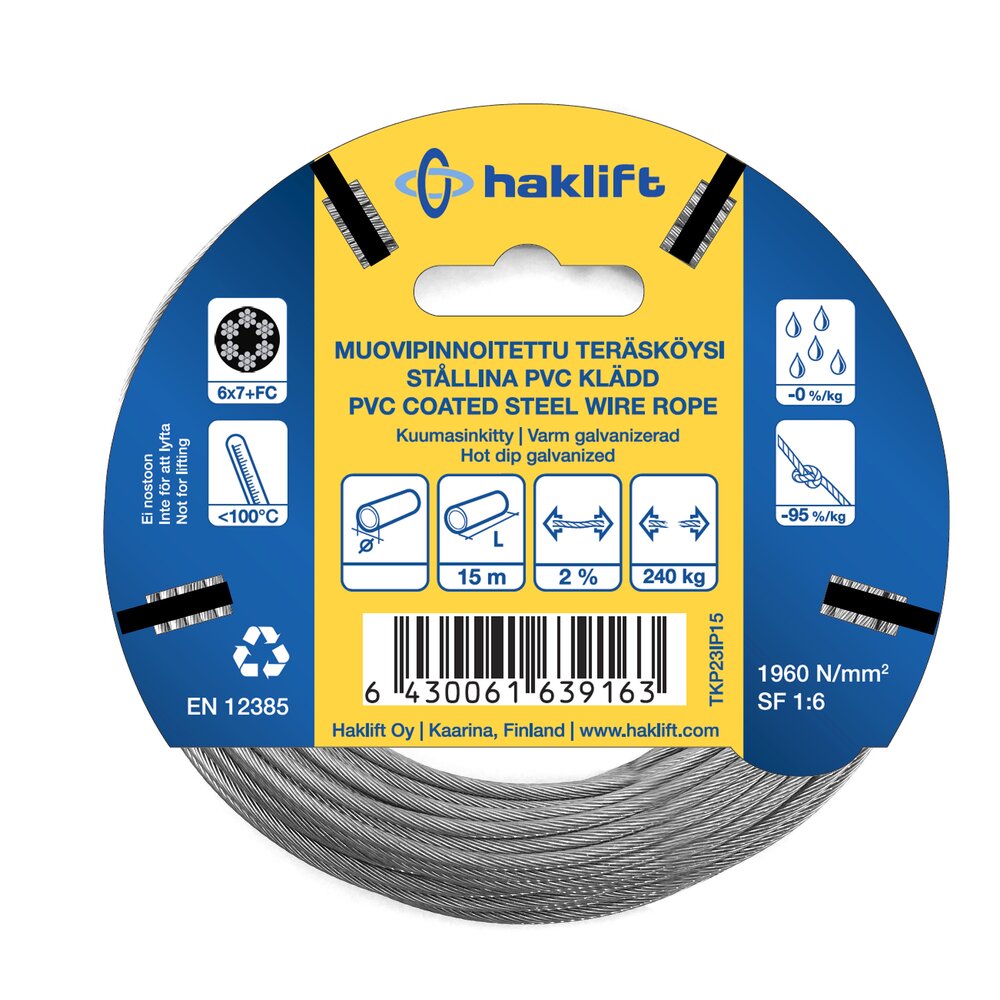 IP-pakatut muovipinnoitetut teräsköydet 3-6 mm / 15 m