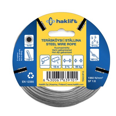 IP-pakatut teräsköydet 1-6 mm / 15 m