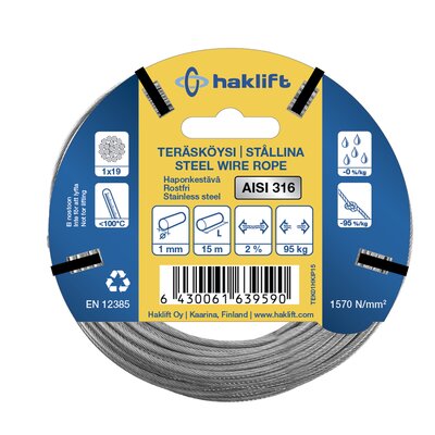 IP-pakatut haponkestävät teräsköydet 1-6 mm / 15 m
