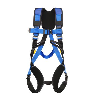Harness with cushioned shoulder and leg straps, frontal and dorsal anchor points.